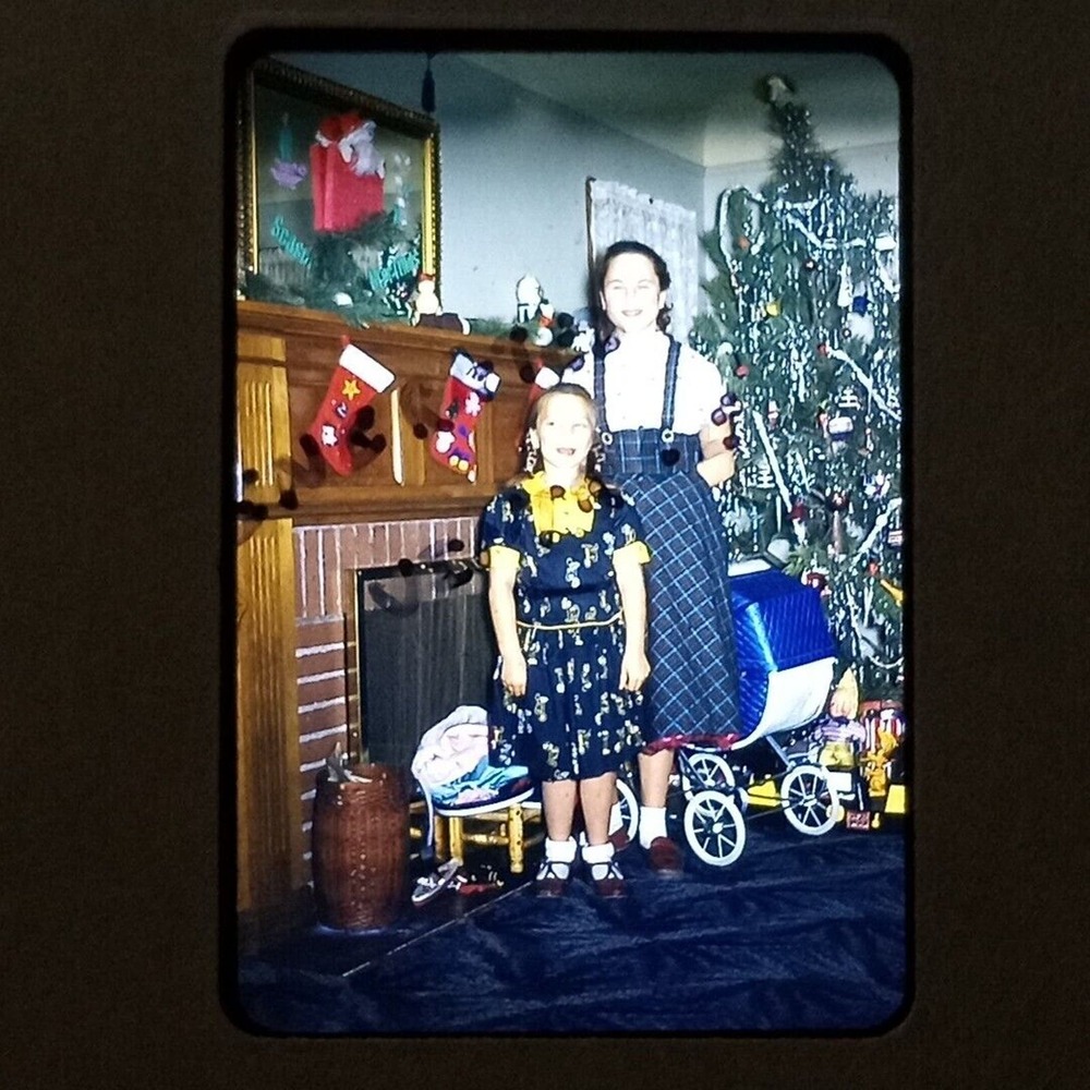 Girls Christmas New Year's Eve 1957 Tree VTG 35mm Found KODACHROME Slide Photo
